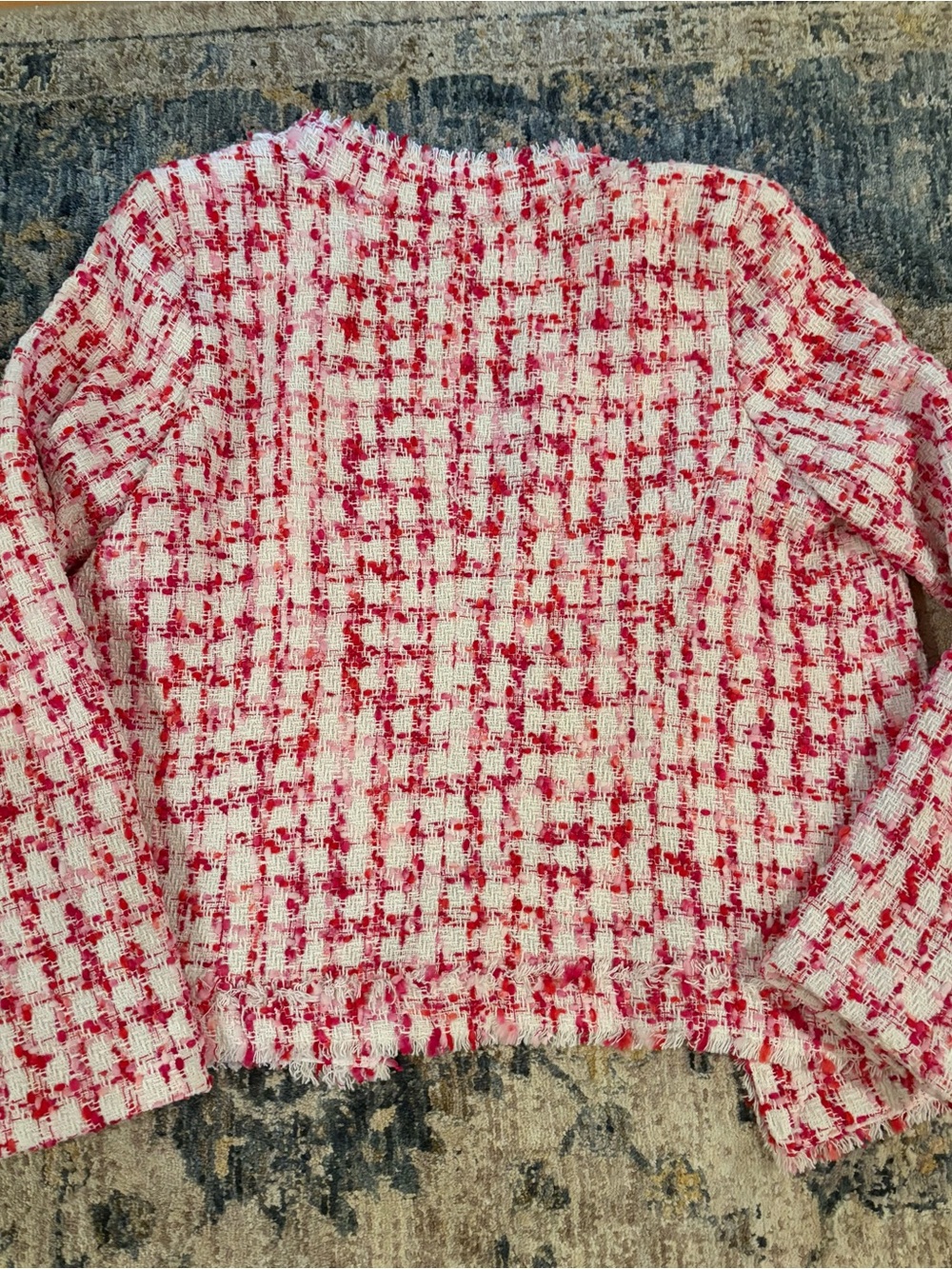 Nanette Lepore Pink Red Tweed Open Front Blazer Pearl Buttons SZ 8 - Picture 4 of 4